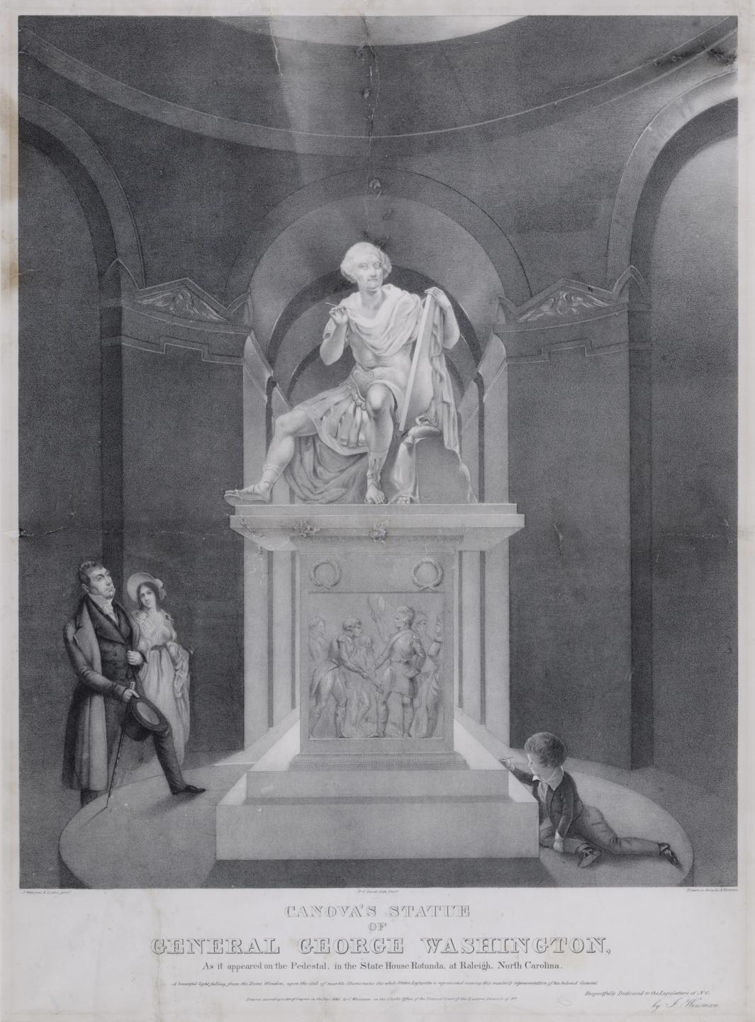 lithograph depicting man, woman and child viewing monument of George Washington