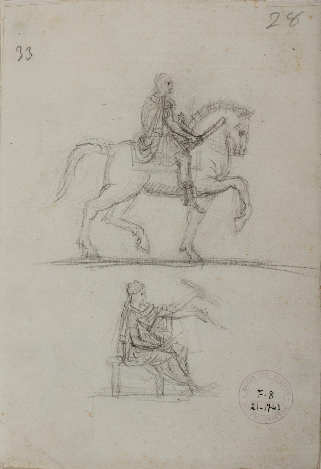 graphite sketches of man on horse and man seated