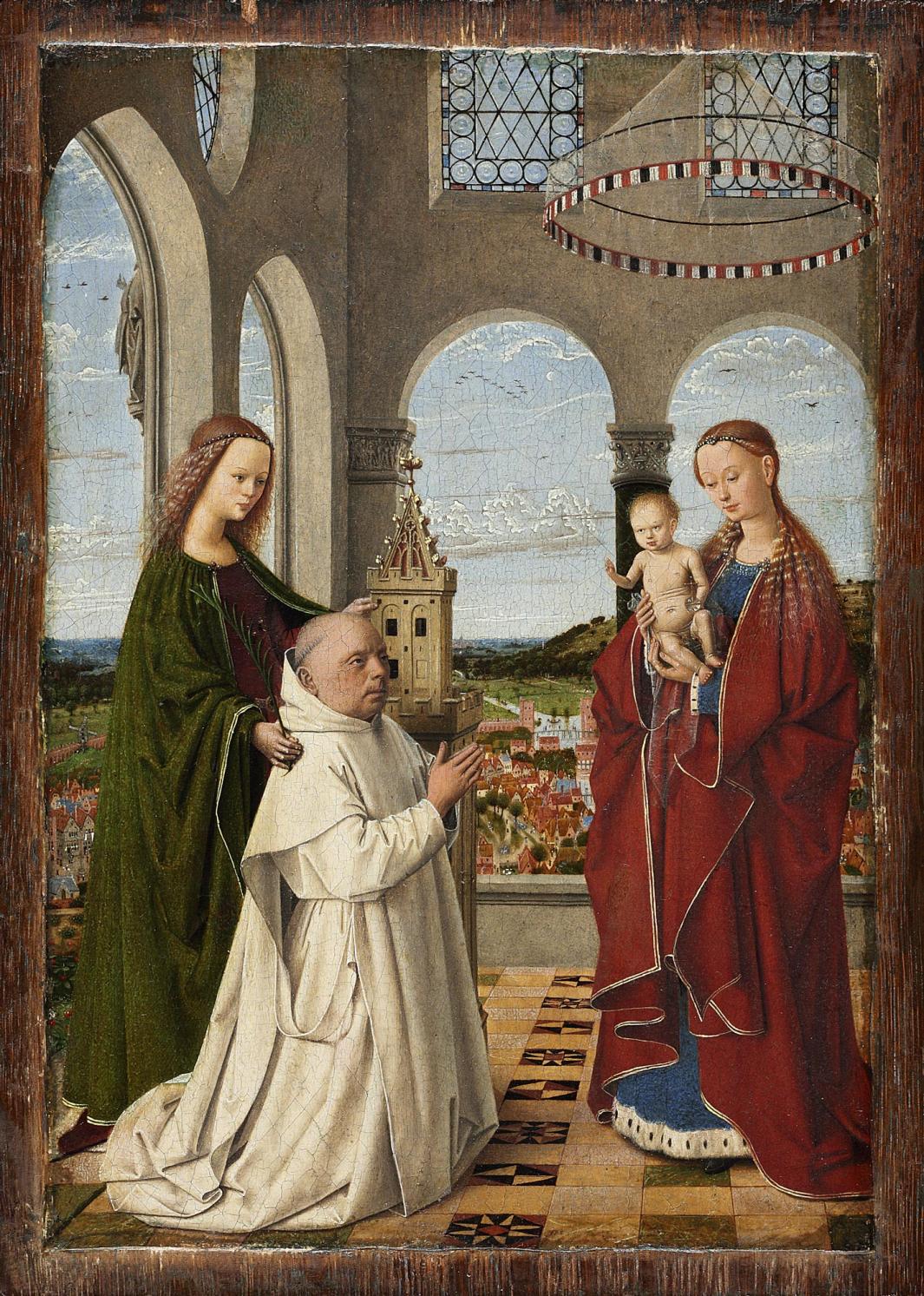 religious depiction of man kneeling in front of the Virgin and Child, with saint at his back, circa 1400s
