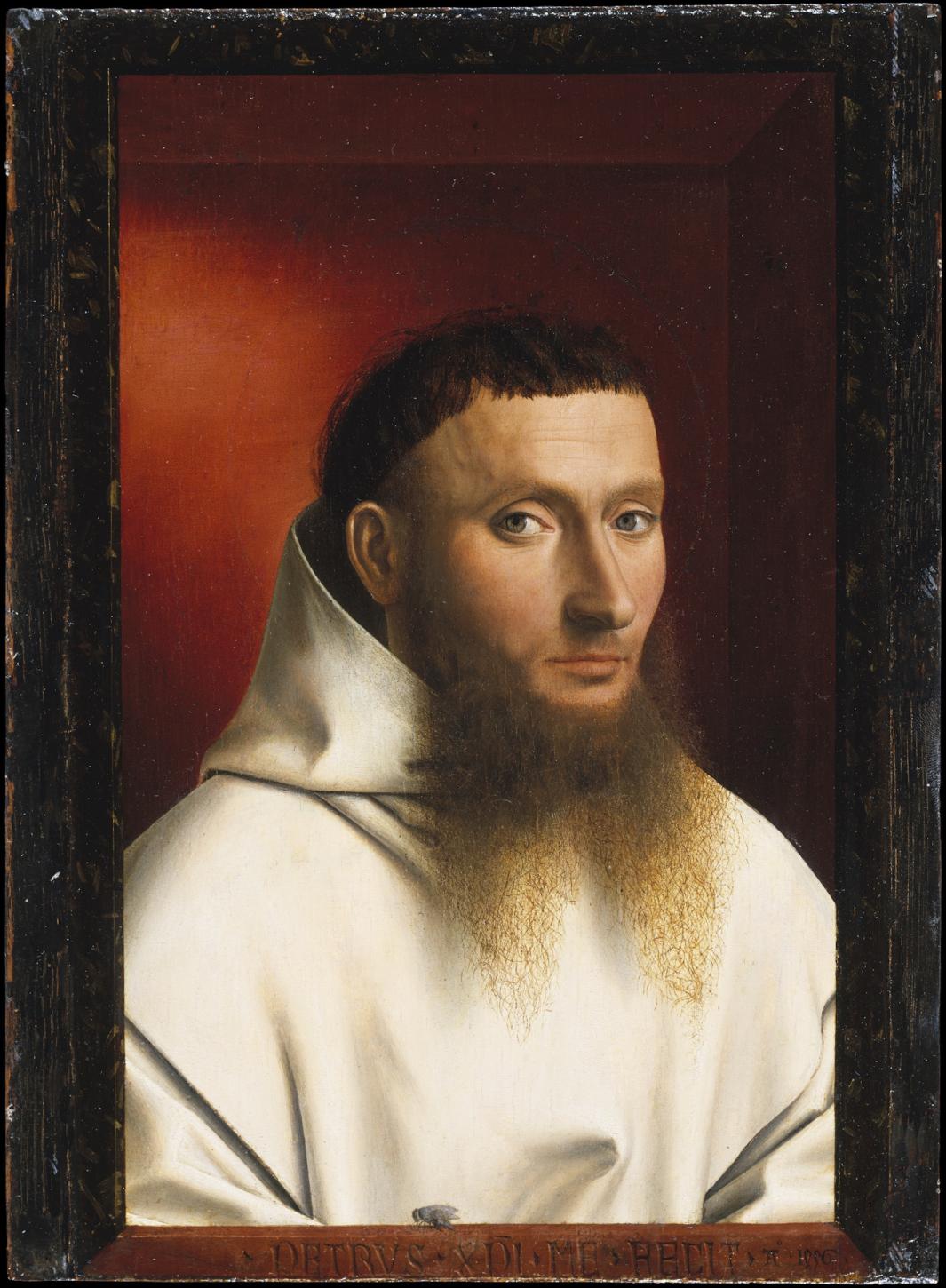 oil painting on wood of monk wearing hooded white robe, with long beard