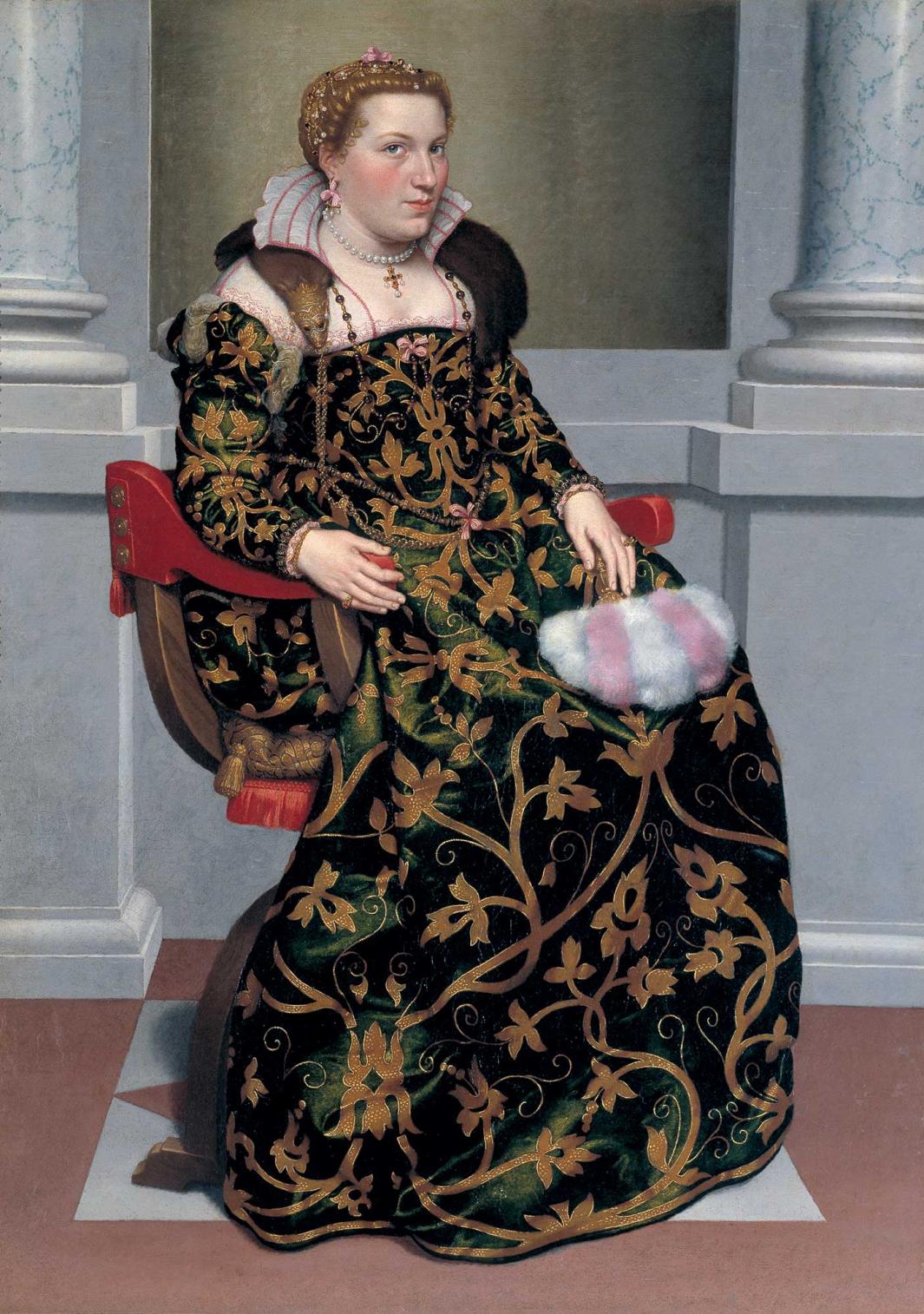 oil painting of a woman seated. She wears a deep green gown embroidered with gold floral patters. She holds a white-and-pink-plumed fan. 