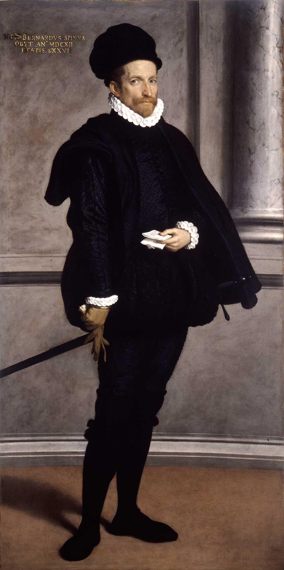 oil painting of man dressed in black, with a black rapier hanging off his sword belt
