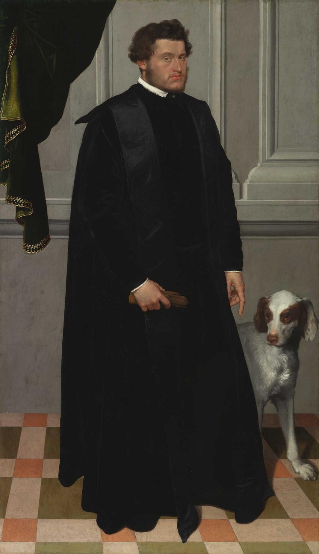 Oil painting of a young man standing in black clerical robes, and a dog stands at his side. 