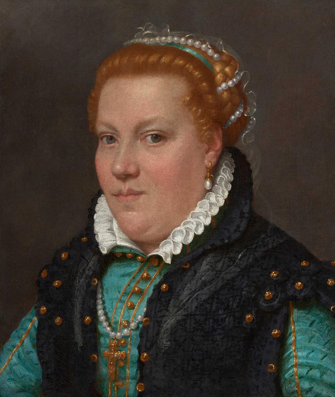 oil painting of red-haired woman wearing a turquoise gown and black overdress studded with what appear to be metal beads. Also wears a pearl necklace from which hangs a gold pendant cross. 