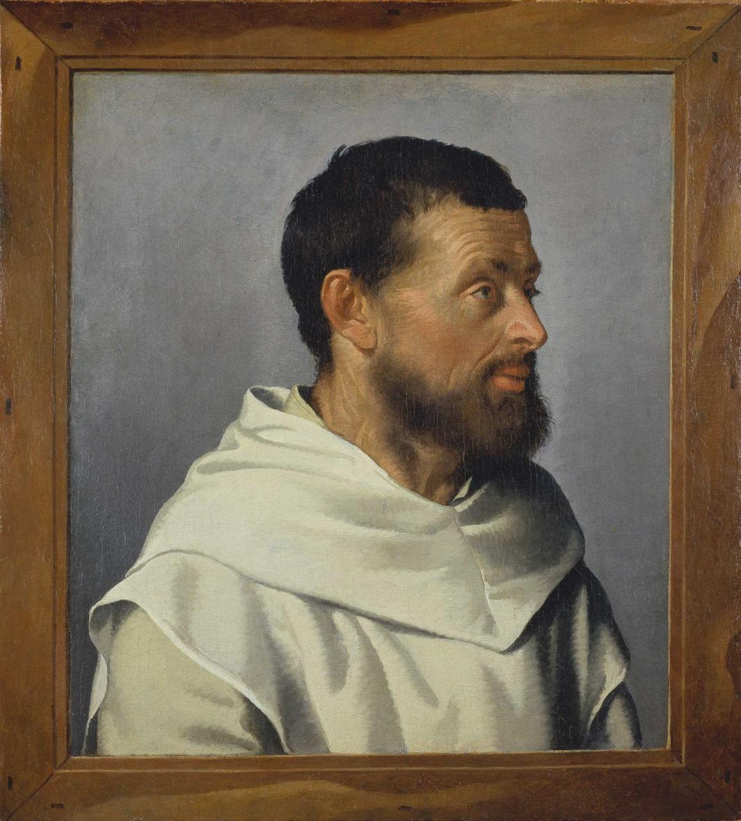 oil painting of bearded man wearing white religious robes, in almost full profile, surrounded by a painted fictive wooden frame