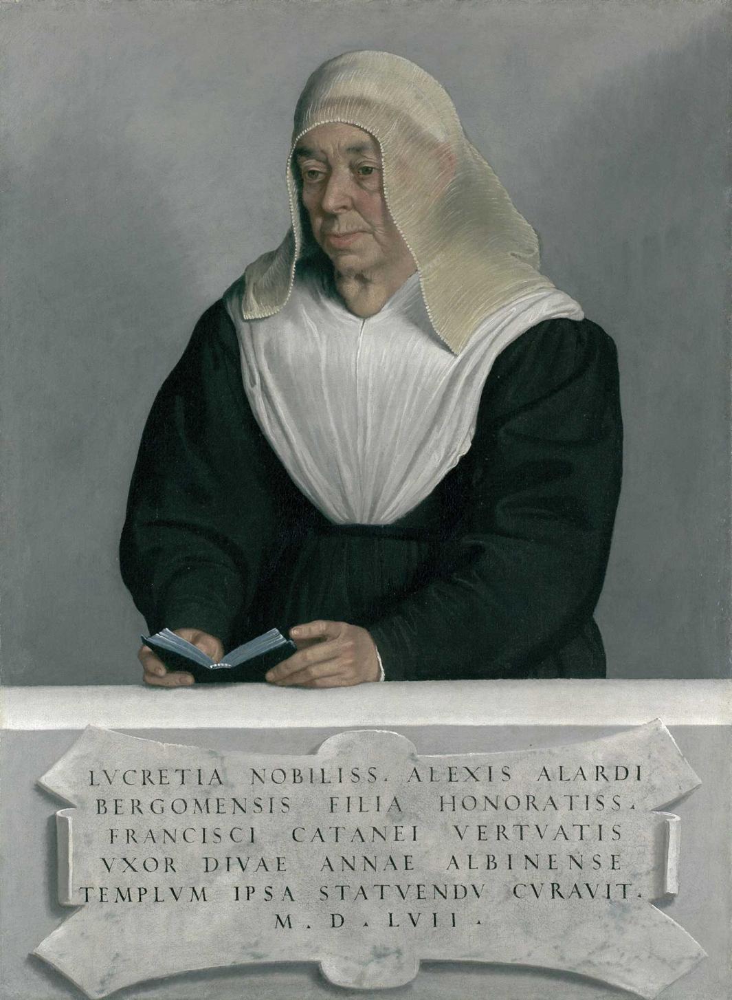 oil painting of an elderly woman, dressed in black, and wearing a white veil standing behind a stone parapet