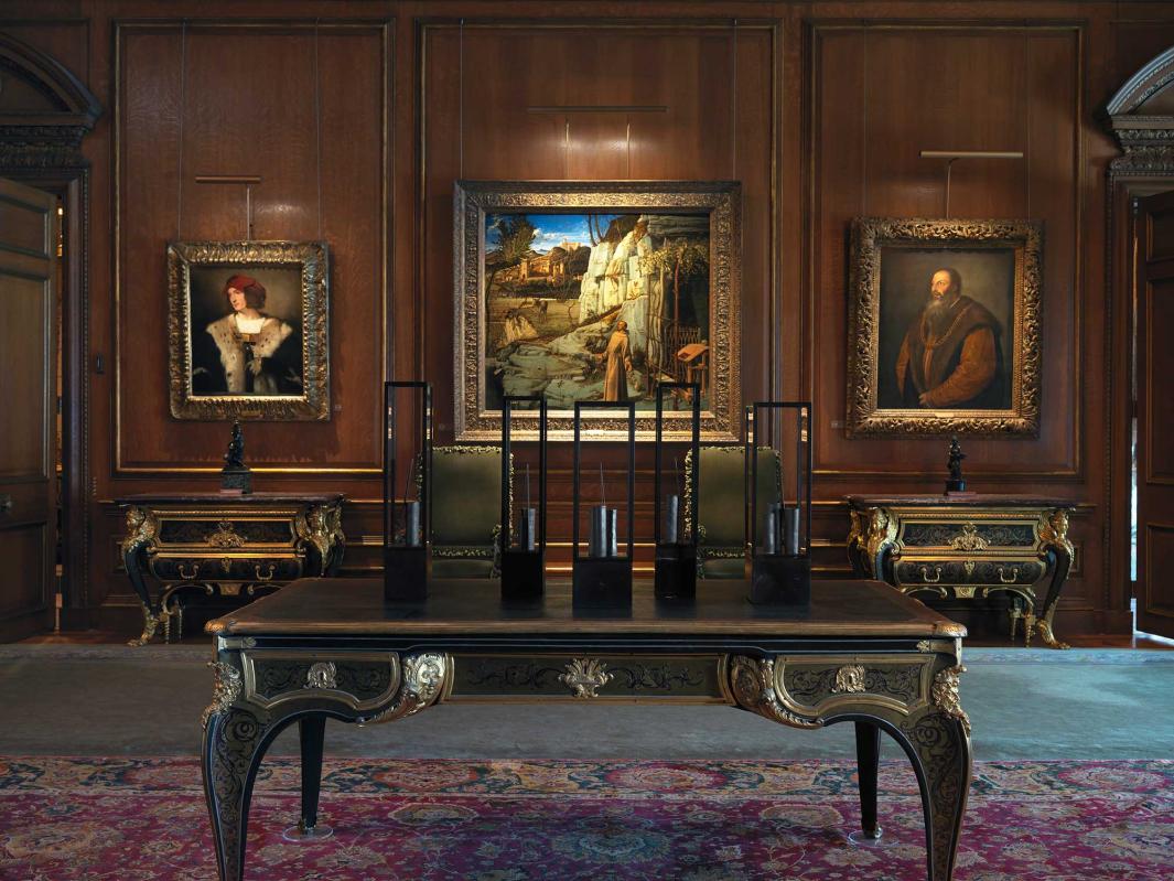 View of the Living Hall looking south with five black vitrines containing black porcelain vessels