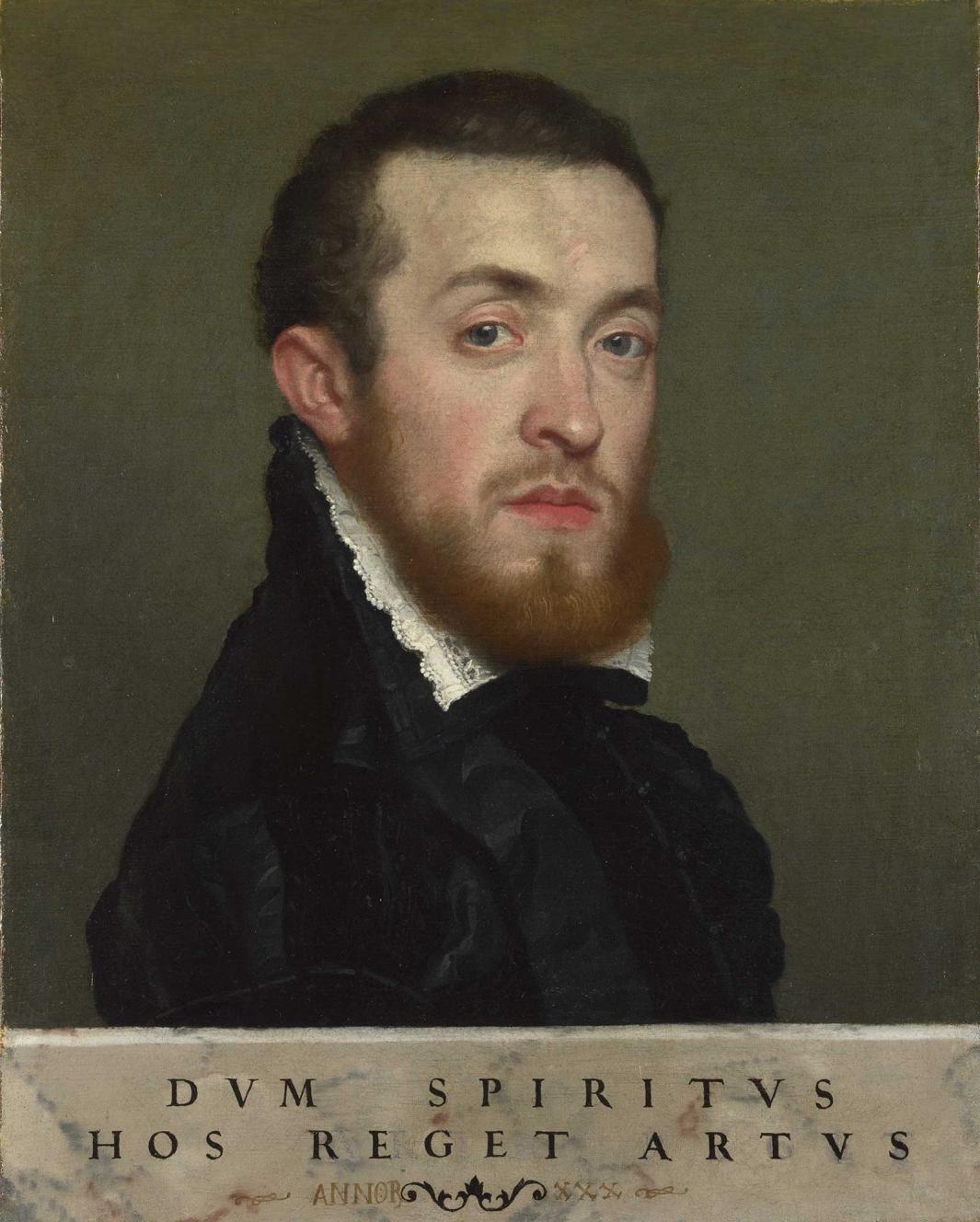 oil painting of bearded man in slight profile, with inscription at bottom