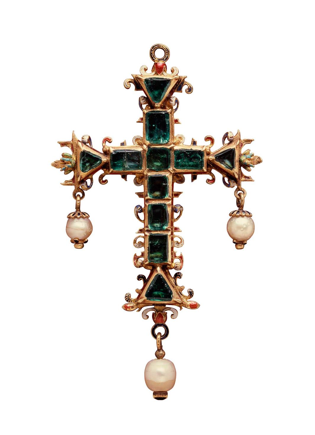 green emerald cross with three dangling pearls