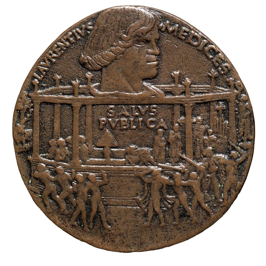 Obverse of a bronze portrait medal depicting a man in profile with smaller figures grouped below.