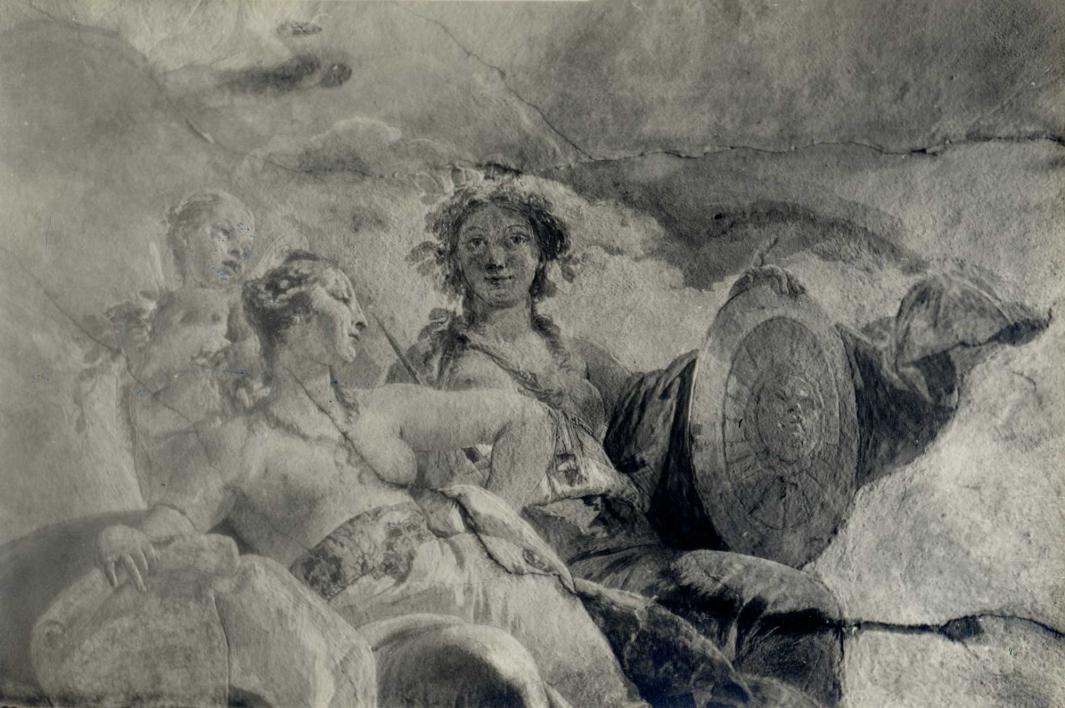 Detail photograph of a fresco depicting allegorical figures.