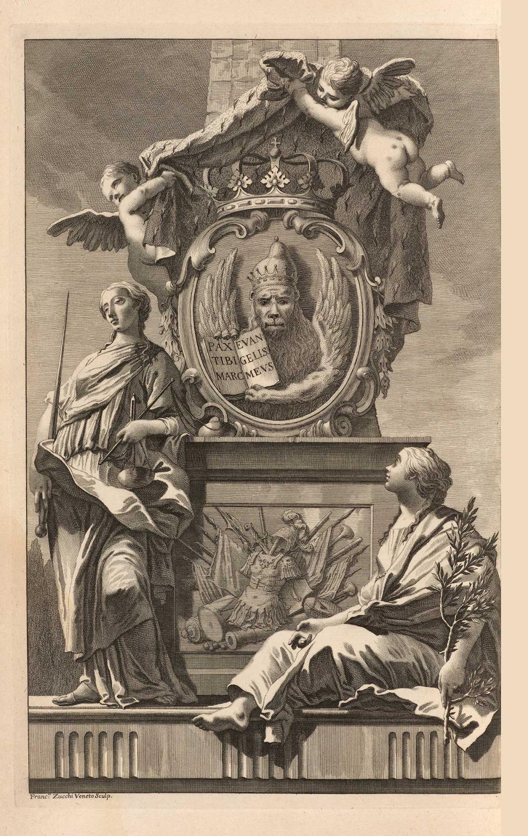 A print depicting two allegorical female figures, one seated and one standing, adjacent a monument to Saint Mark.