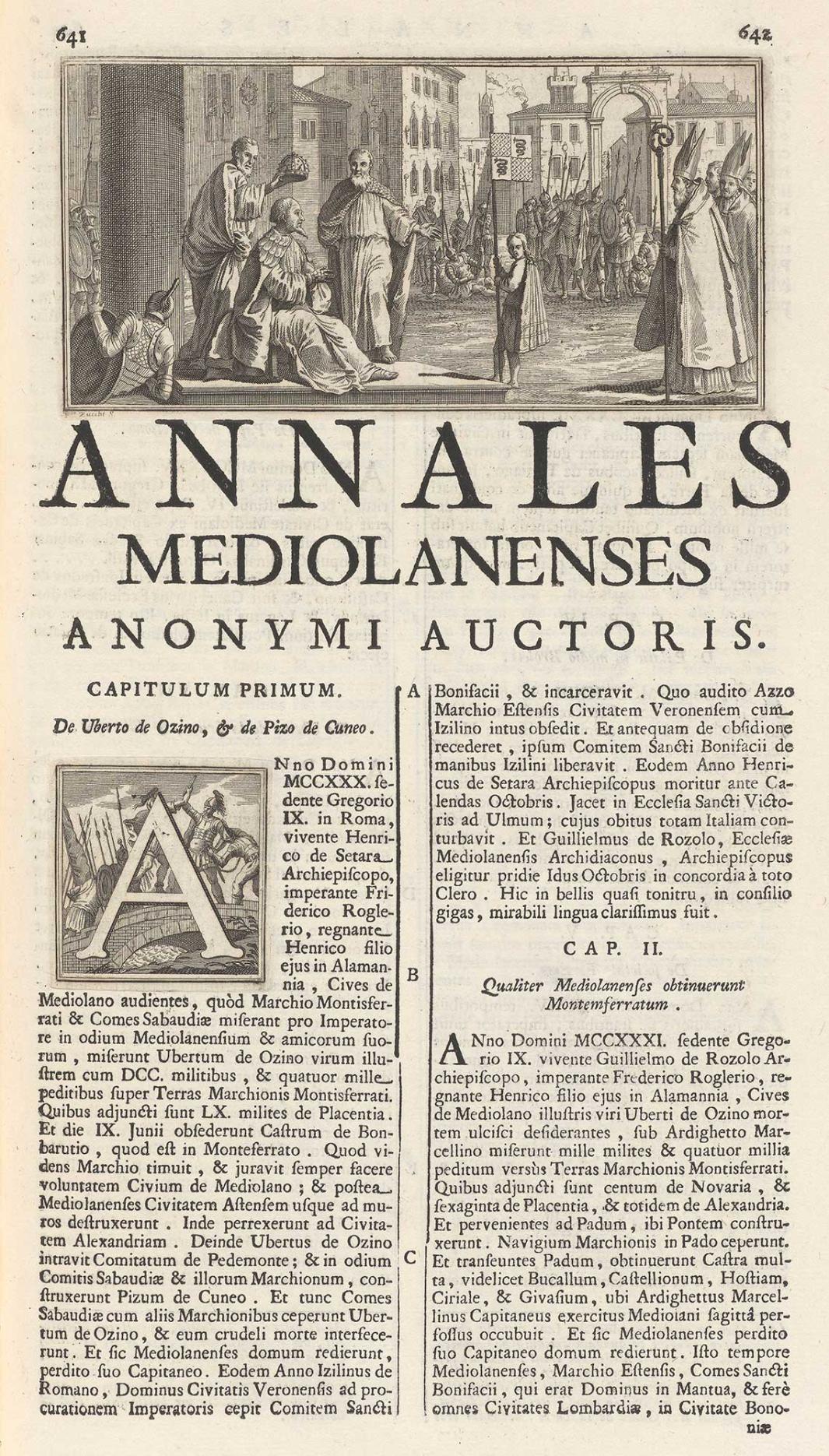 Frontispiece of a book with two columns of text and and image at the top of the page.