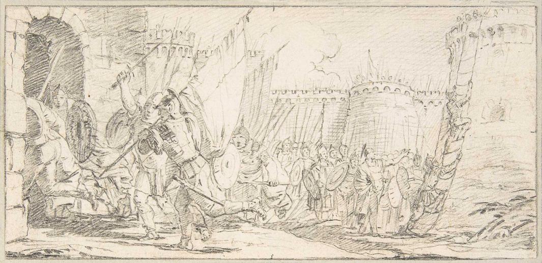 Drawing of soldiers storming a battlement.