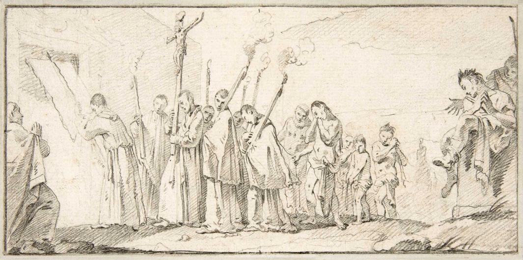 Drawing of a procession of men holding torches, a banner, and a crucifix.