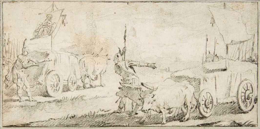 Drawing of two men and two carts being pulled by oxen.