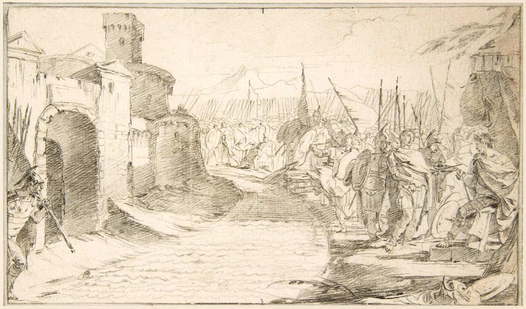 Drawing of an army surrounding a walled city.