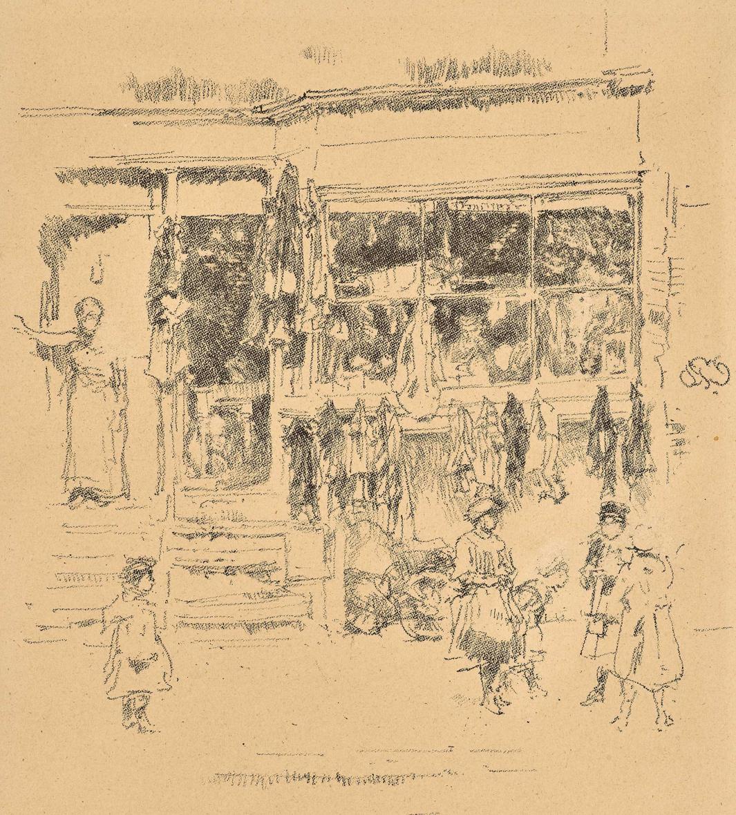 Street scene of rag shop and figures
