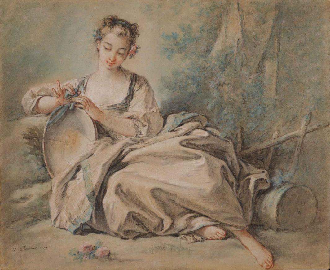 Chalk and pastel drawing of a young woman reclining in nature.