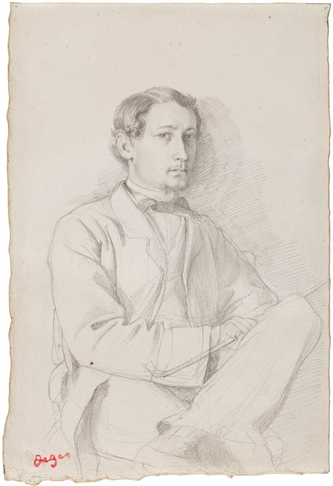 Black and white drawing of a man with short hair seated, with left leg bent resting on right leg