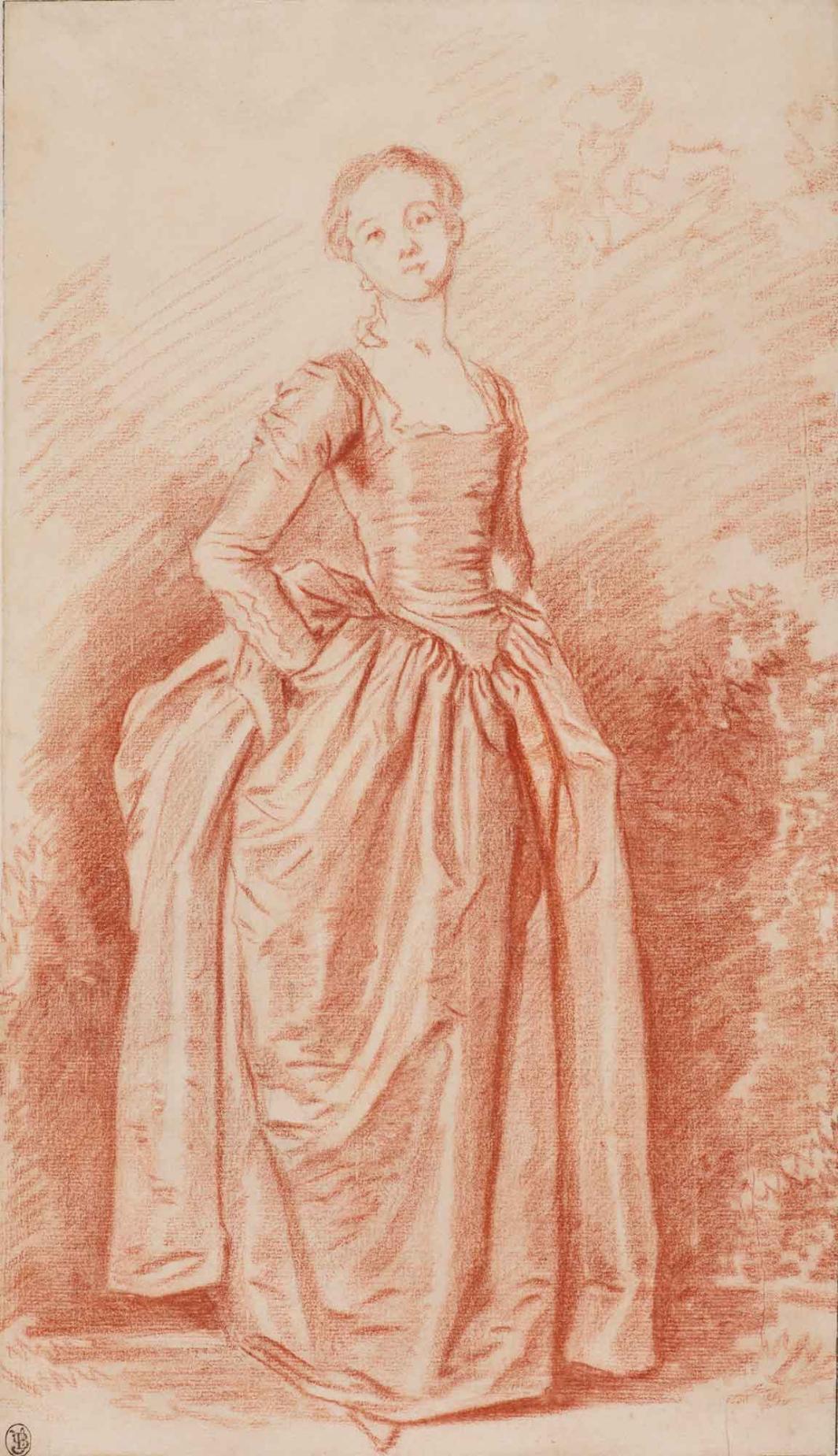 Red chalk drawing of a standing woman wearing a floor-length, long-sleeved dress and looking at the viewer