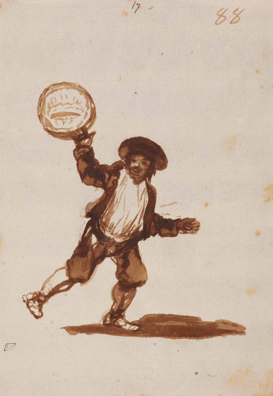 A standing man in a hat holding up a tambourine in his proper right hand with his proper left arm out to the side