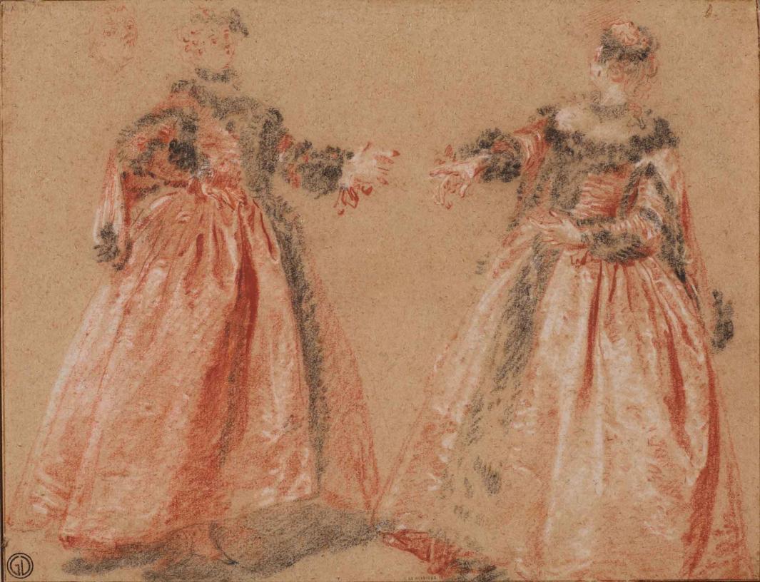Two women in billowing, pink floor-length dresses with gray fur trim, standing in three-quarter view facing each other at center