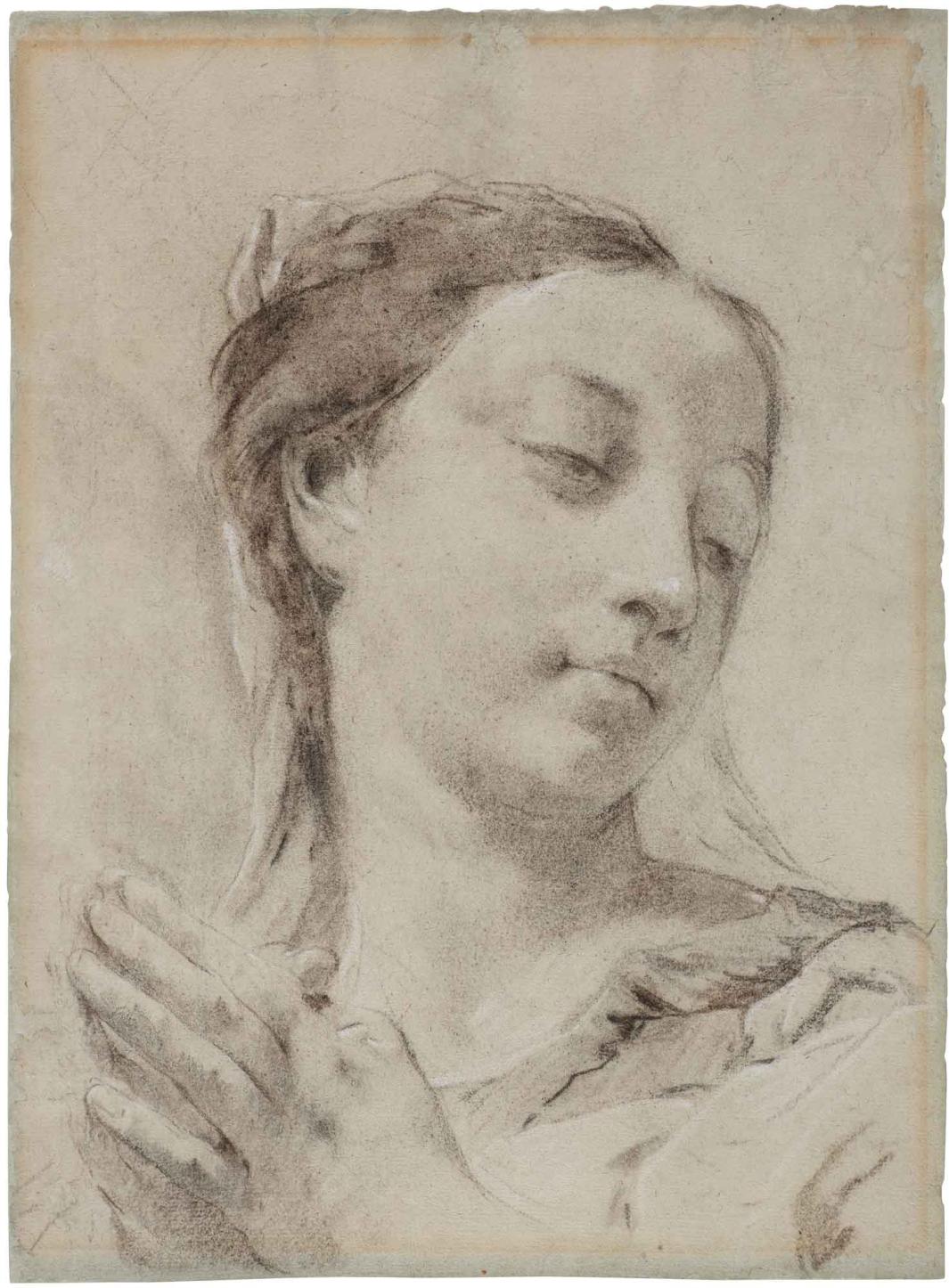 Head and shoulders of a woman in three-quarter view, looking down and to the side, with her hands clasped in front of her as in prayer