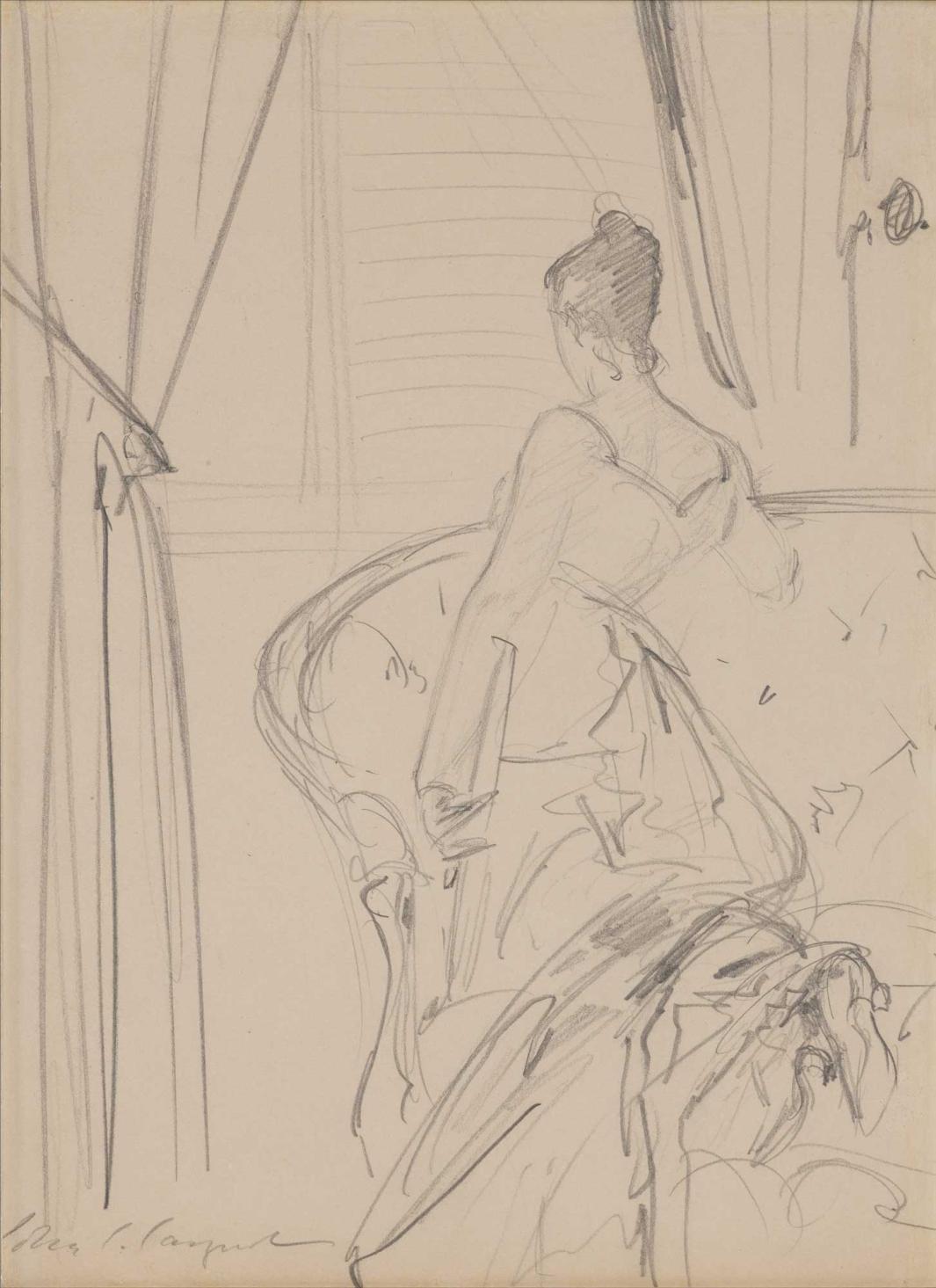 Graphite drawing of a woman kneeling on a couch, her back to the viewer.