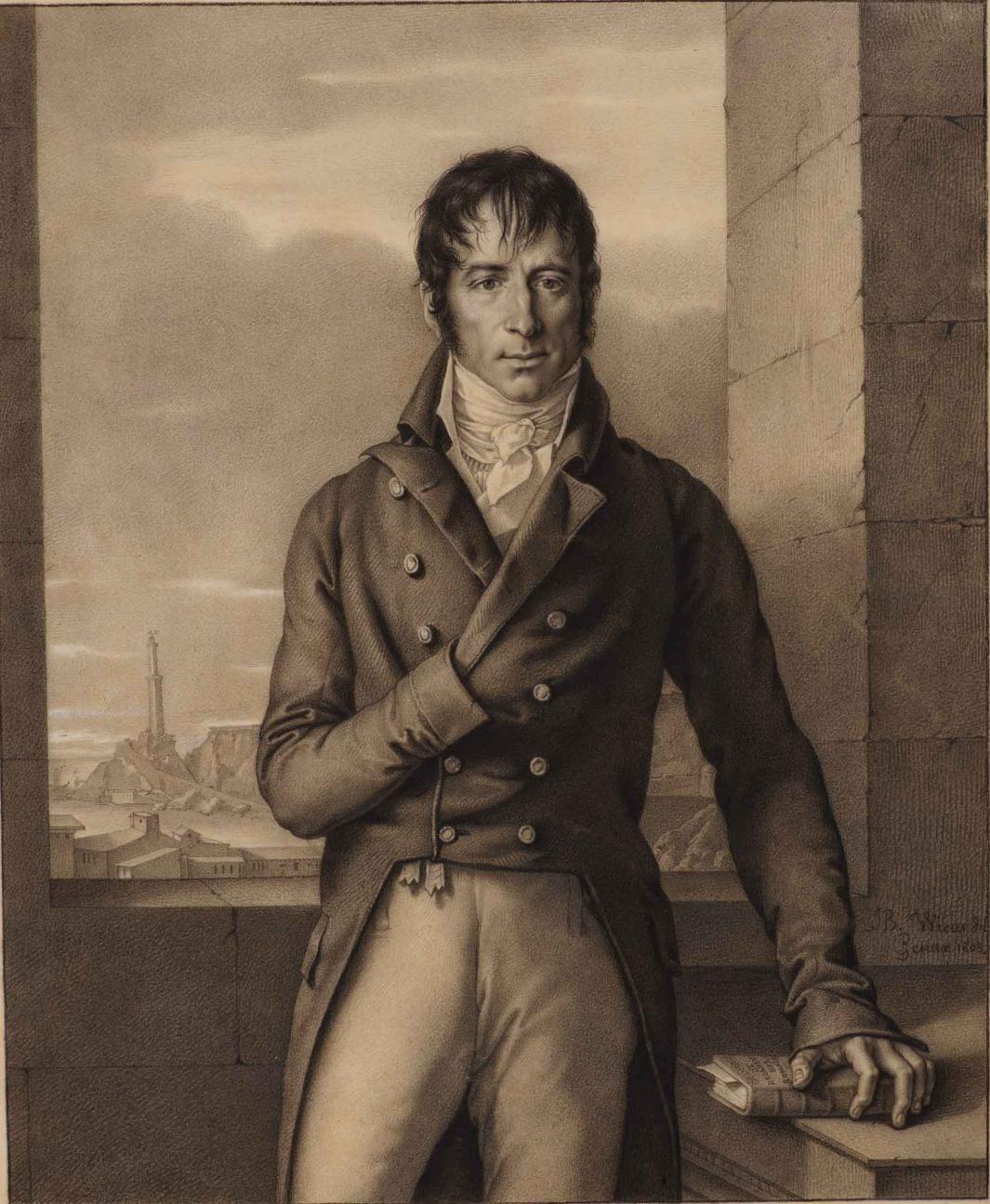 A man in elevated dress stands facing the view in front of a stone structure that opens onto a city view behind him, his proper right hand in his jacket and his left hand resting on a book on a plain surface
