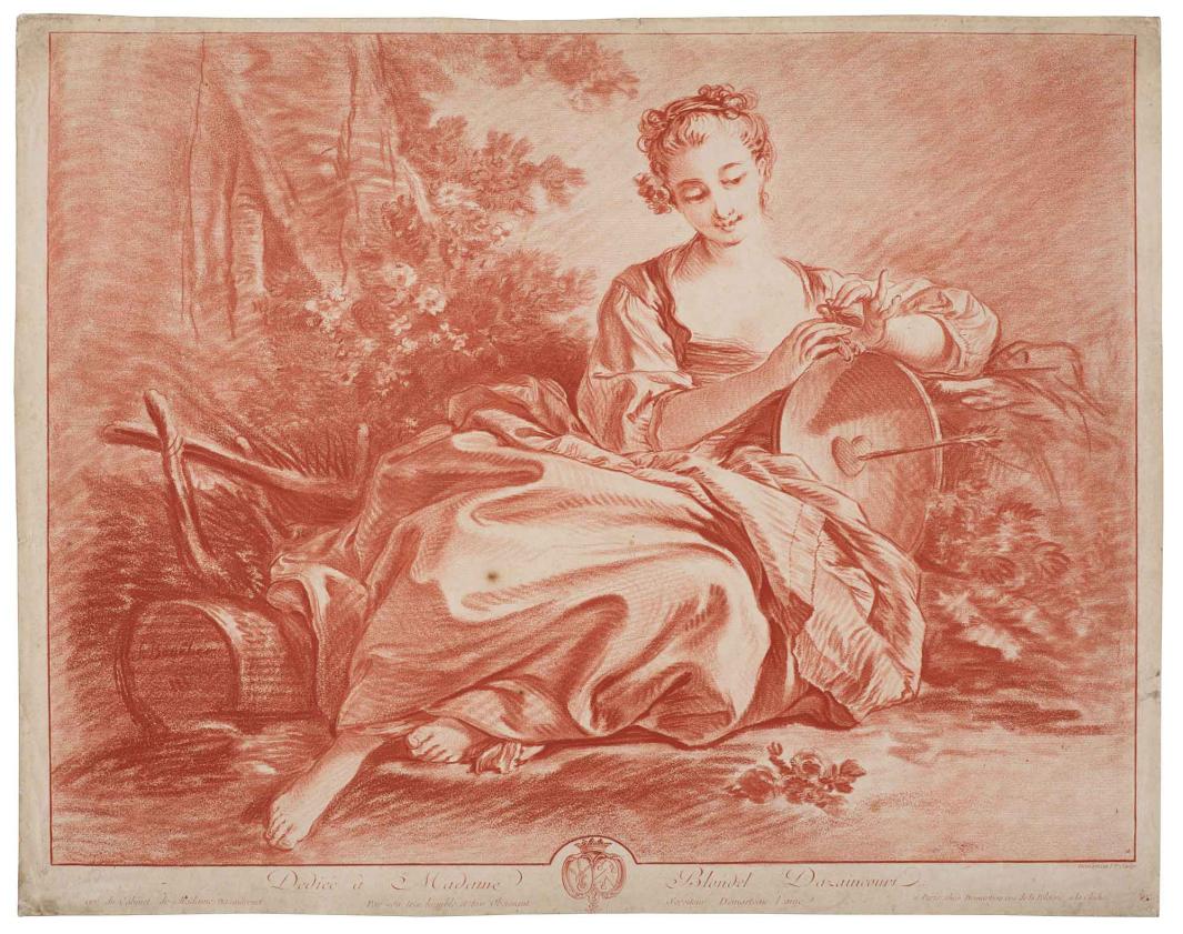 Engraving of a young woman reclining in nature.
