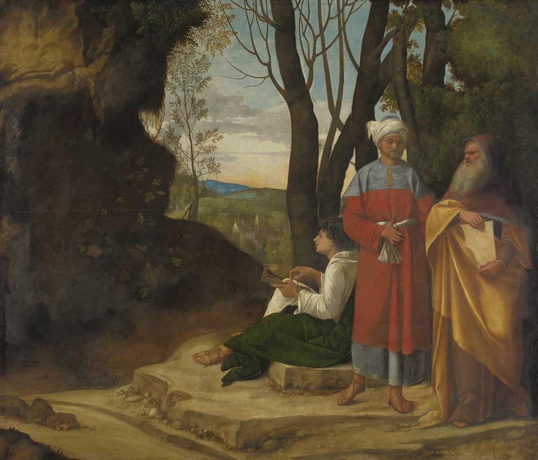 oil painting of three men in robes, two standing and one seated on rocks