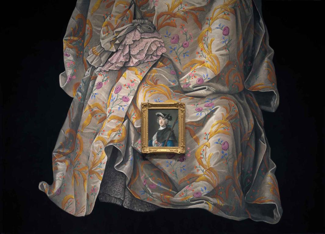 View of a portrait installed on top of a pastel mural