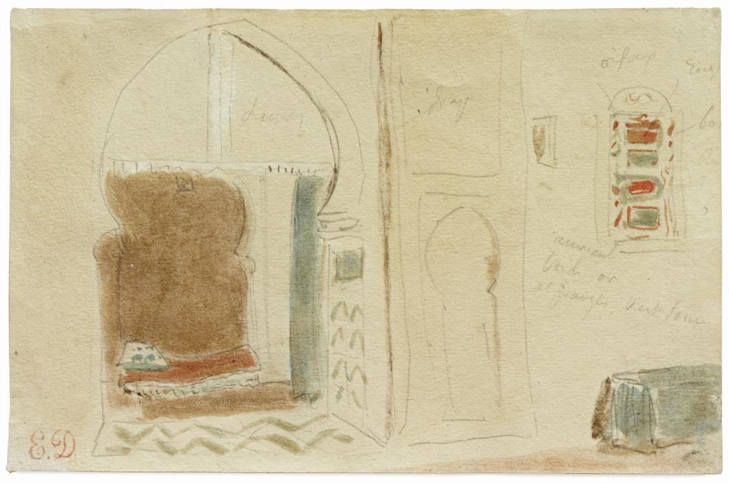 drawing of interior with doorway at center