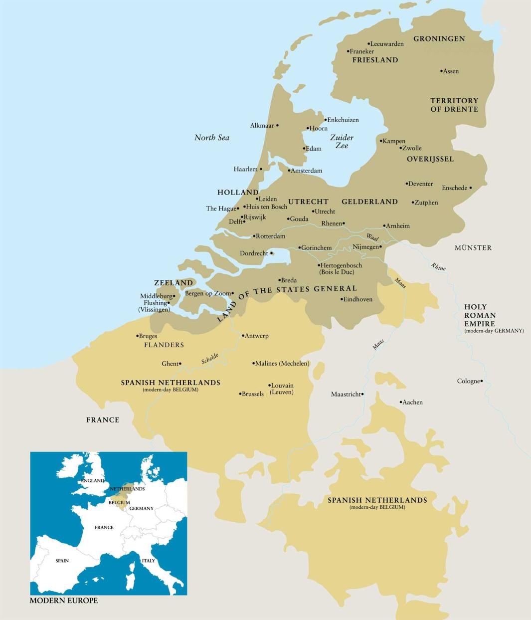 Map showing the provinces of The Dutch Republic and the Spanish Netherlands. 