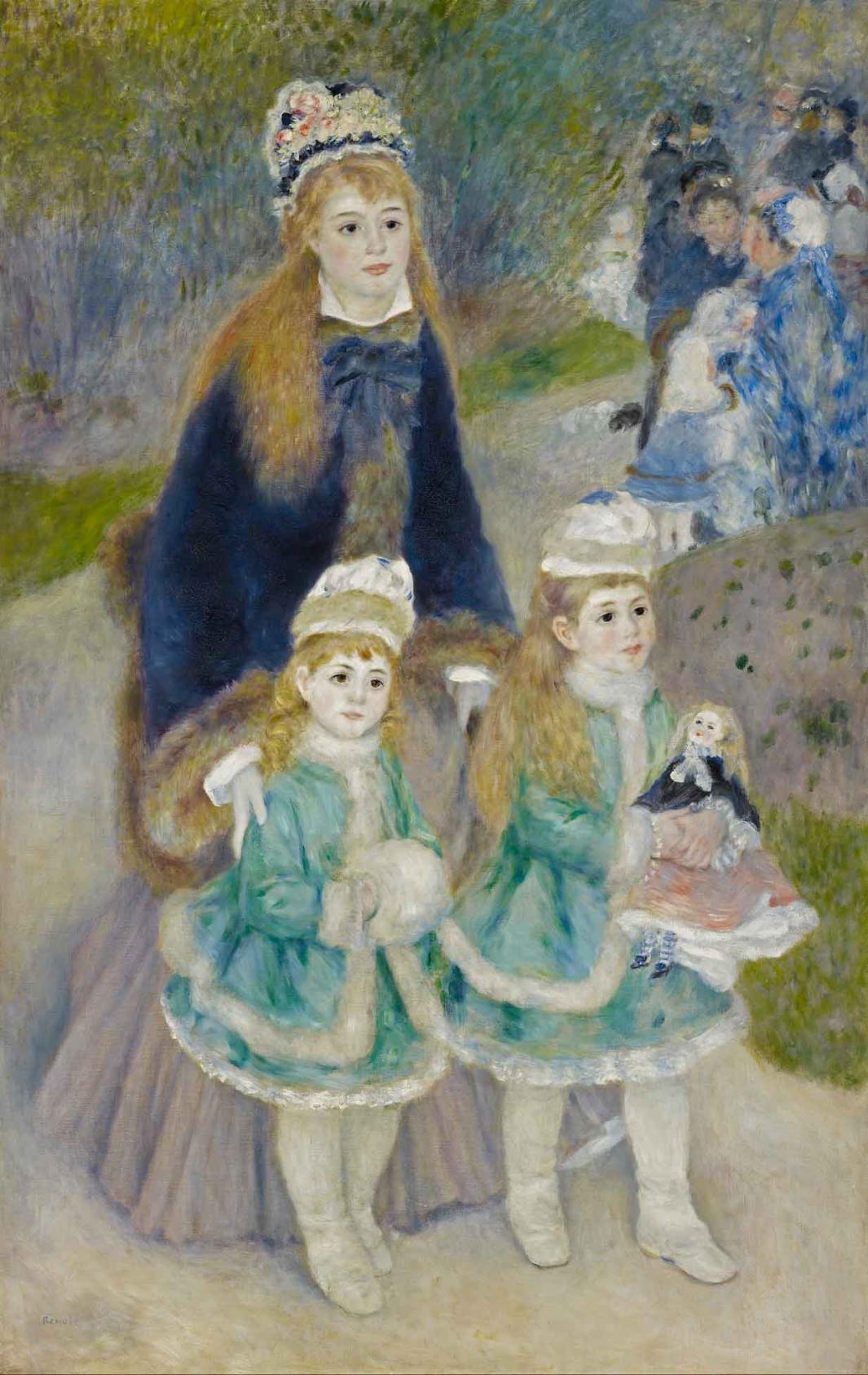 oil painting of mother sheparding her two daughters on a walk