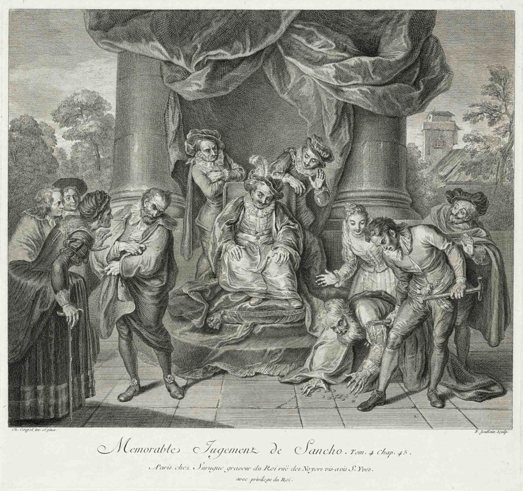 Engraving of Sancho sitting on a throne with columns and judging two men