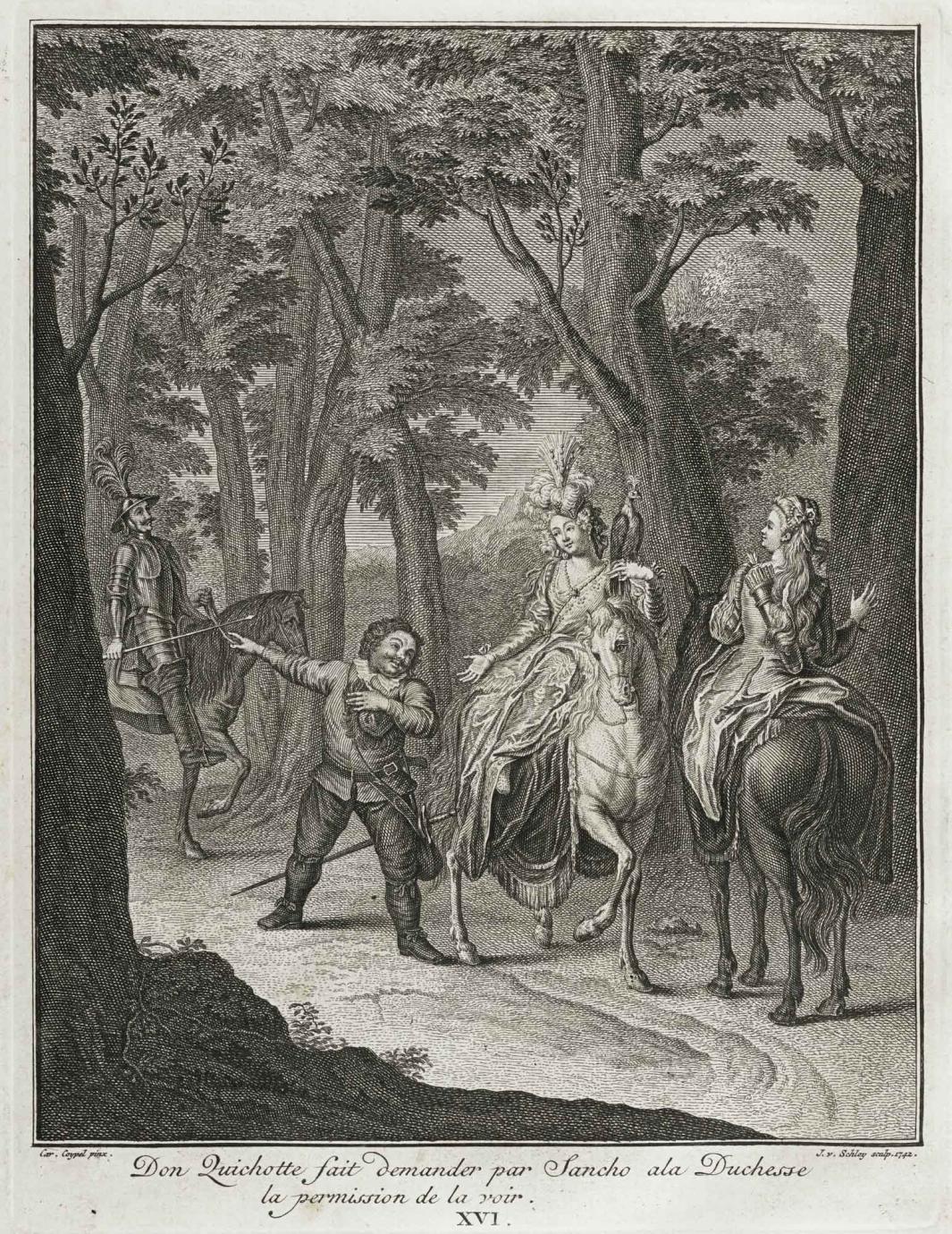 Engraving of Sancho on foot asking the Duchess to Grant Don Quixote Permission to See Her 