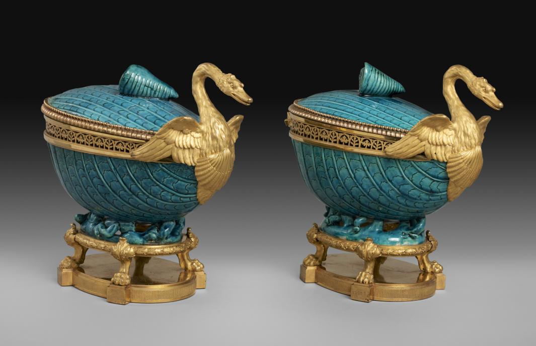 pair of blue and gilt-bronze pot-pourri vases shaped like swans