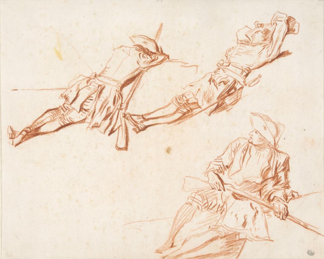 three sketches of resting soldiers