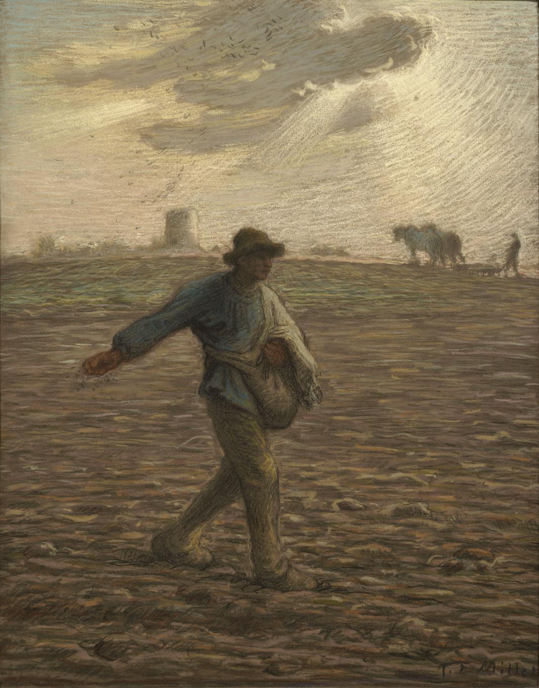 Pastel drawing of figure walking in field with outstretched arm