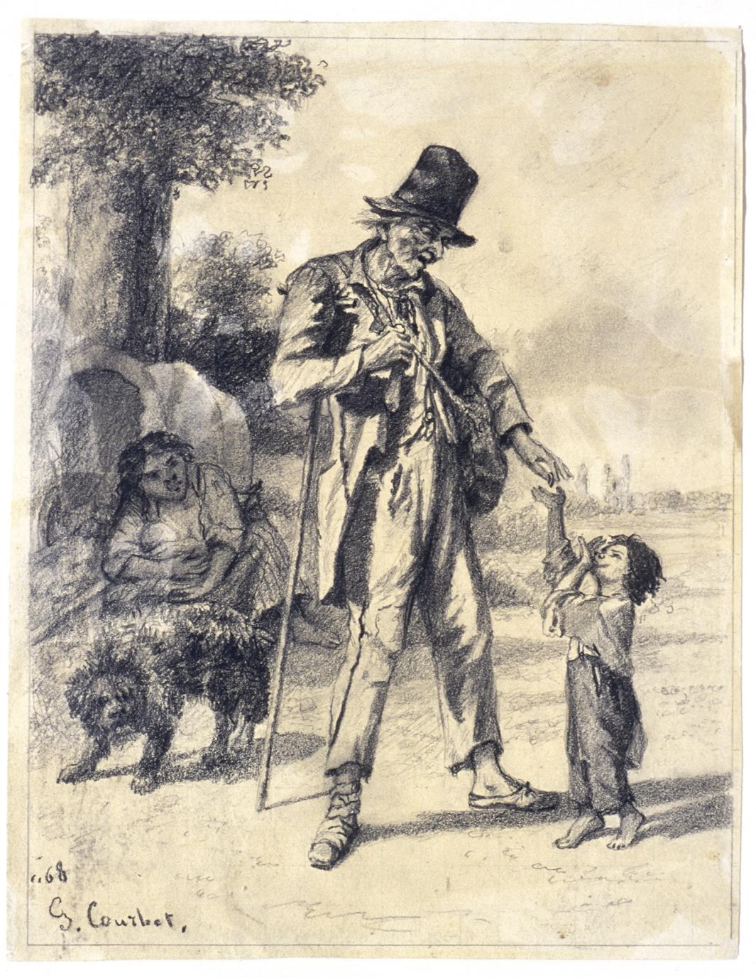Pencil drawing with man giving a coin to a child