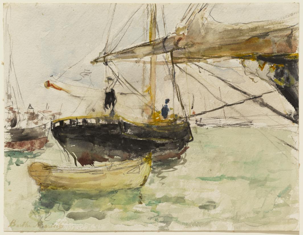 Watercolor painting of small boats and larger boat