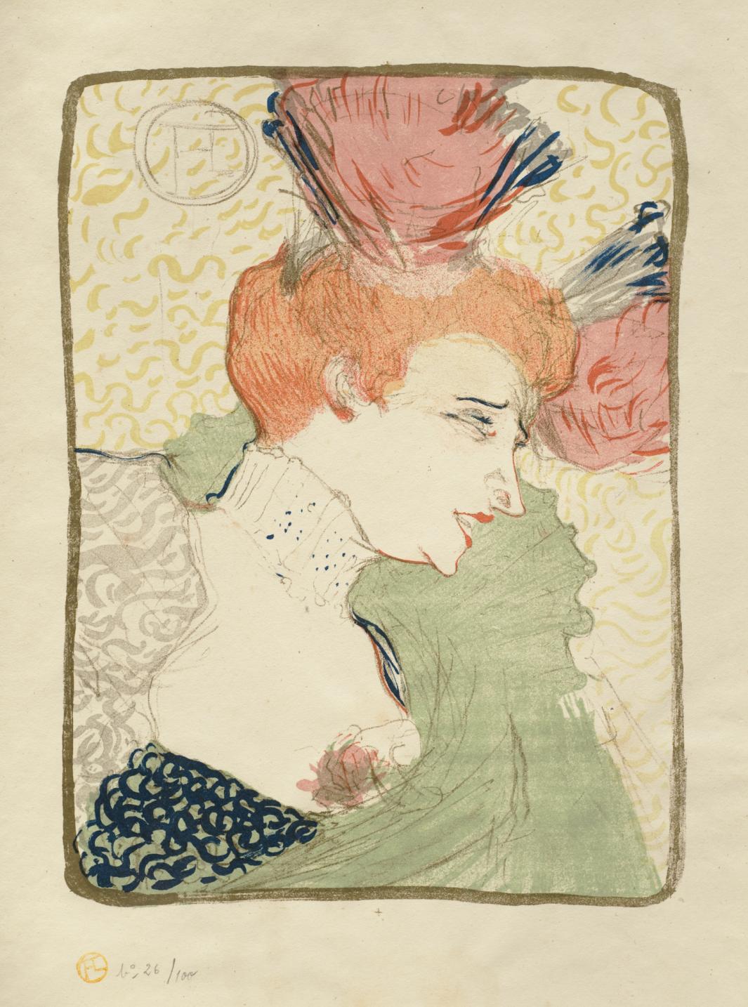 Color print of woman in profile with hair ornaments