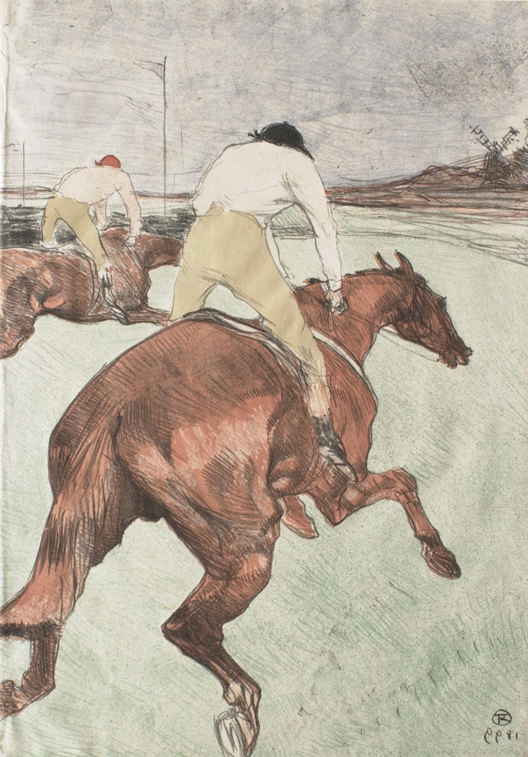Color print of two men on horseback, seen from behind
