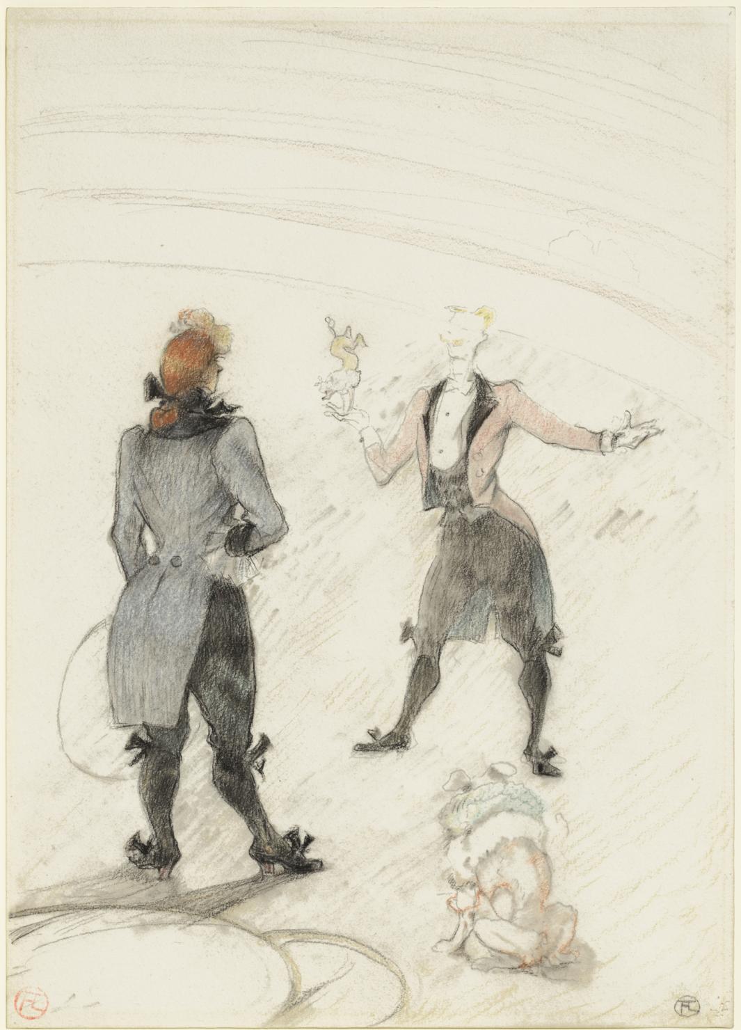 Chalk drawing of two men and dogs in a circus ring