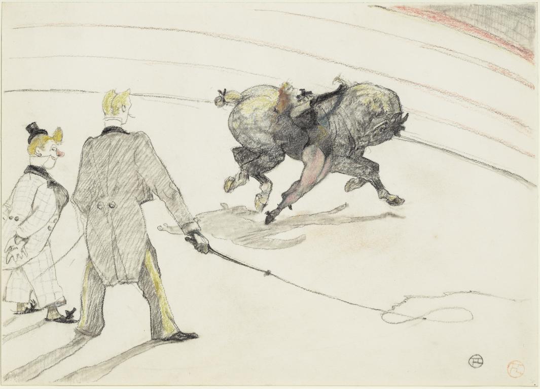 Chalk drawing of two men, one holding a whip, a woman, and a horse in a circus ring