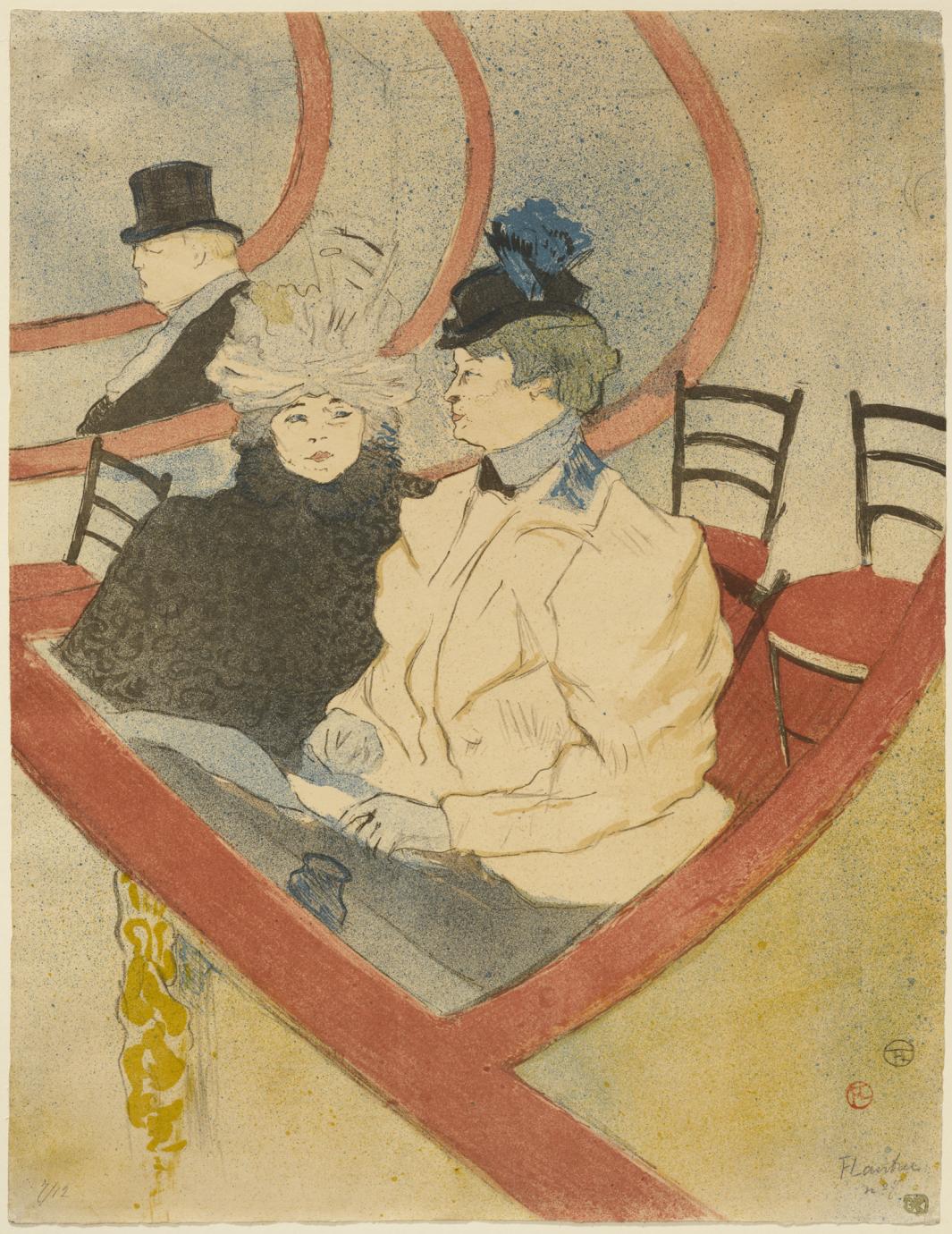 Color print of two women, in coats and hats, seated in a theater box, with a man in an adjoining box