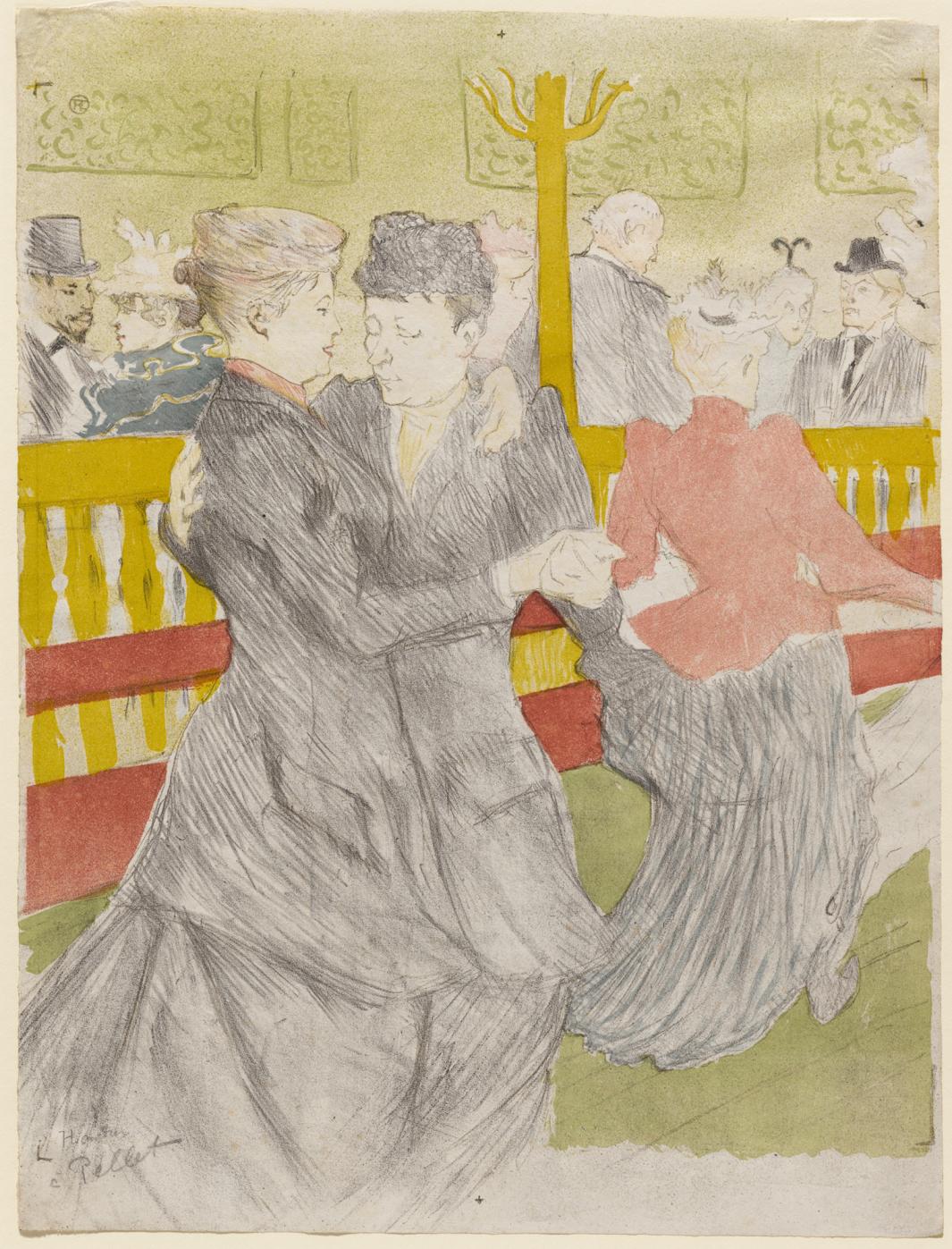 Color print of two women dancing together near another dancing couple, with other figures in the background