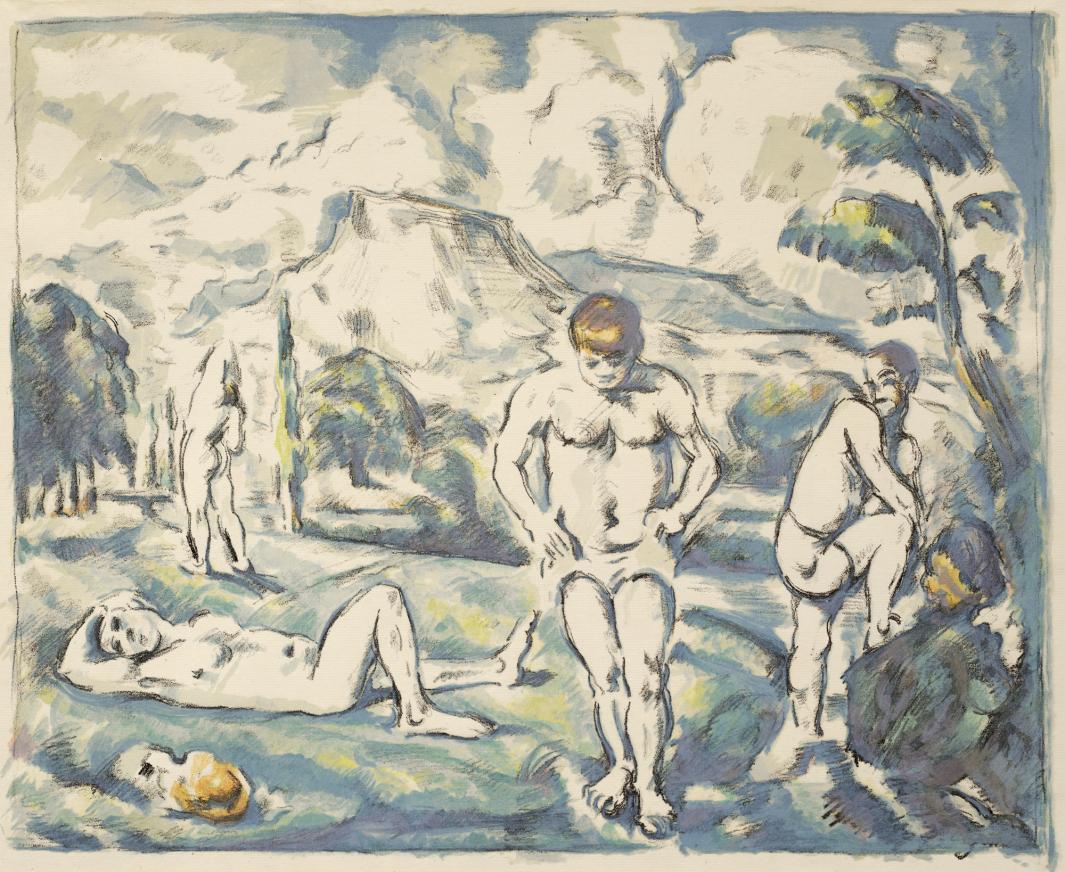 lithograph colored with blue, green, white and yellow, depicting four men bathing in outdoor scene